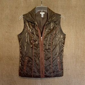 CHICO'S Zip Vest Metallic Olive Green Brown Trim Small / US 4 / Chicos Size 0